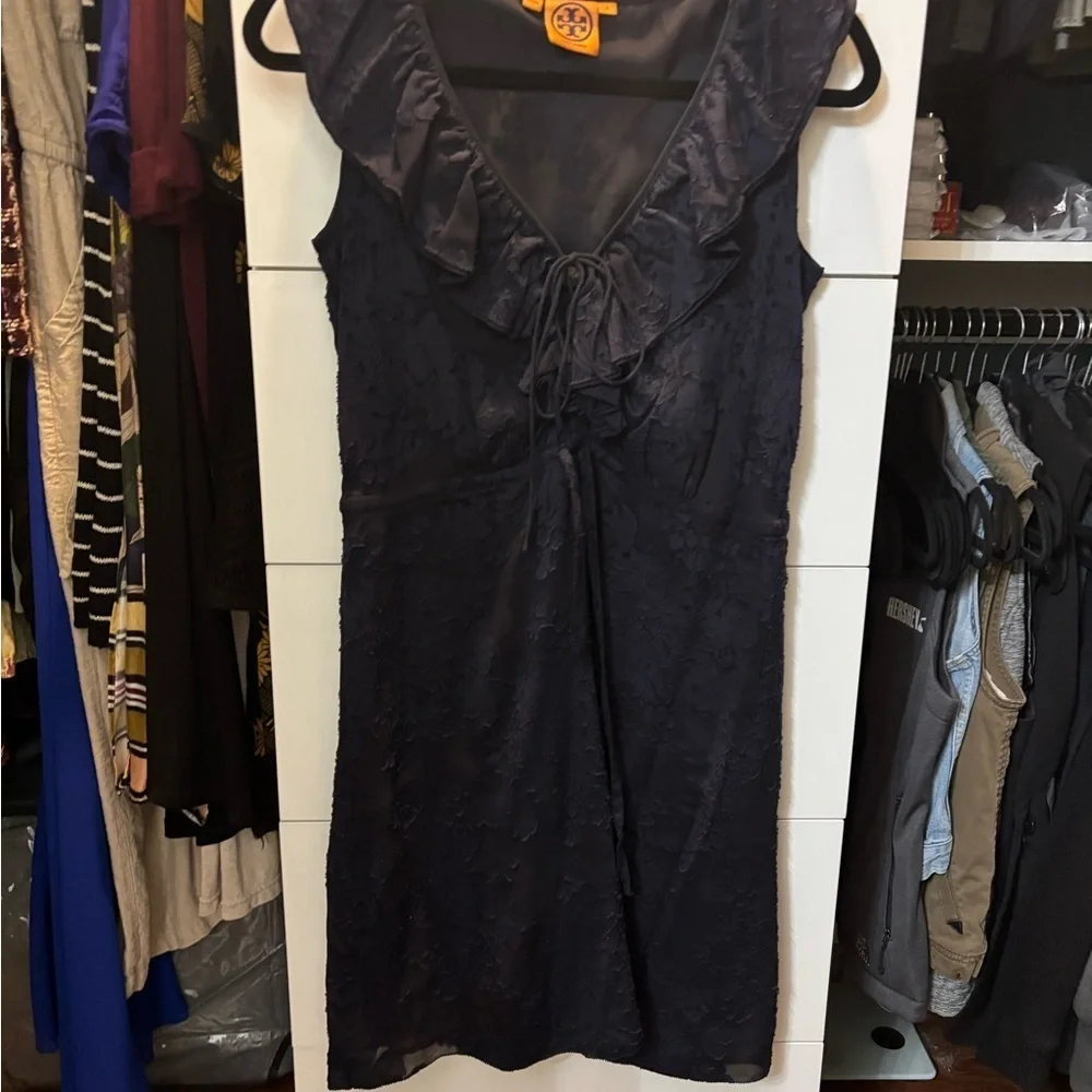 Tory Burch Dark Blue Ruffled Mini Silk Dress